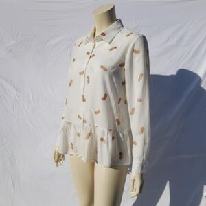 DKNY Embroidered Pineapple Peplum Cream And Gold Tiered Blouse Size Large
